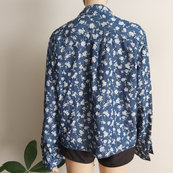 Velvet Heart blue floral button down shirt blouse top long sleeves tie waist - Picture 7 of 12